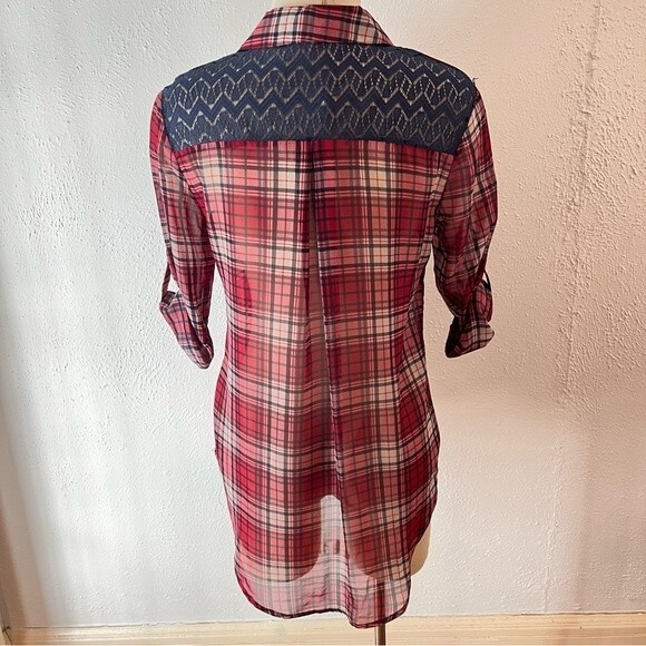 Xhilaration Sheer Pink Plaid Rolled Tab Long Sleeve Button Down Collared Shirt - Picture 3 of 5